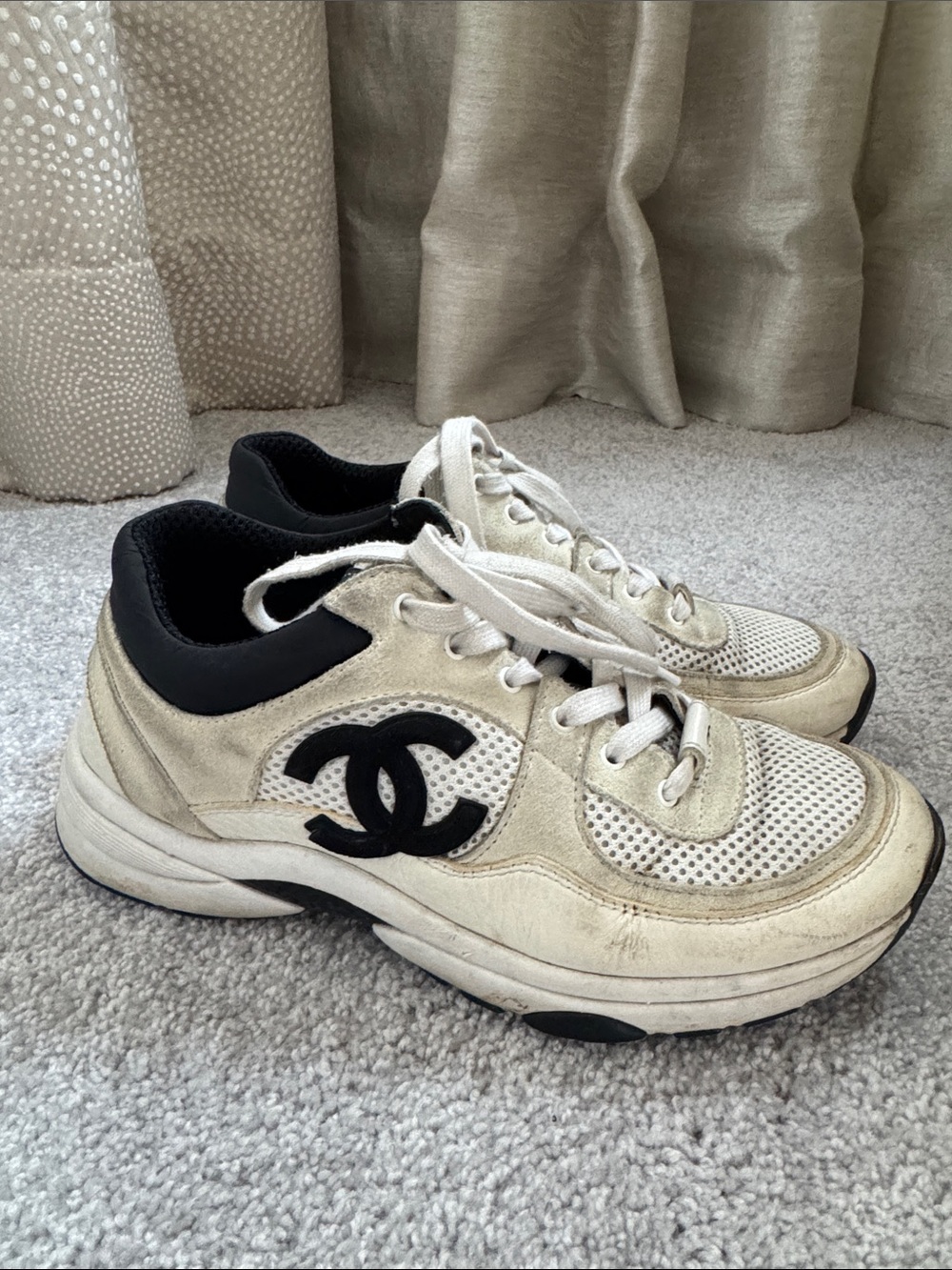 CHANEL Cream and Black Lace-Up Mesh Sneakers, size 38